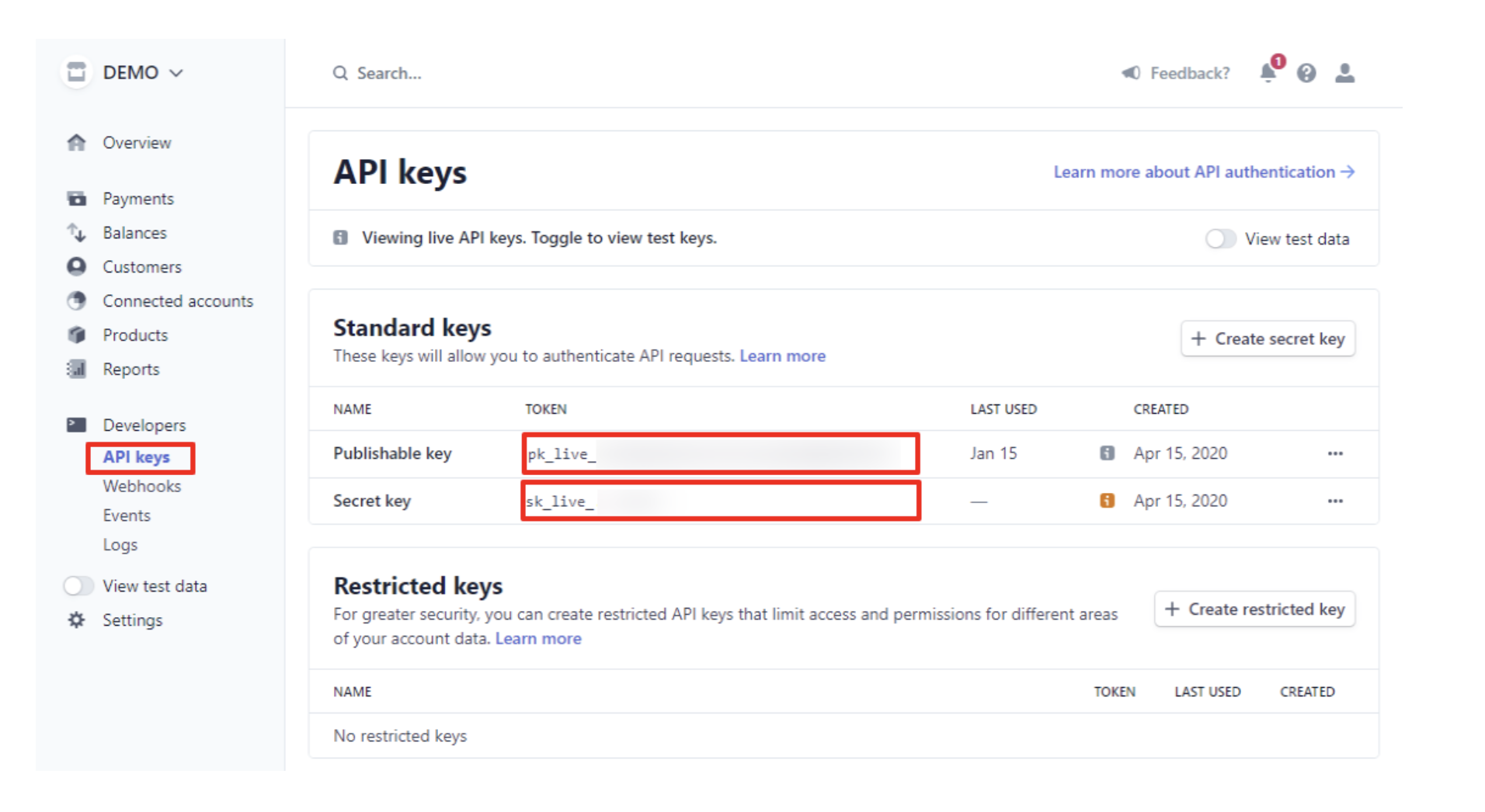 Stripe API keys page